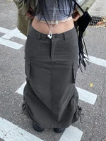 weiyao fairycore grunge women maxi skirts solid shirring pockets harajuku punk clothes fashion aesthetic chic gray skirts