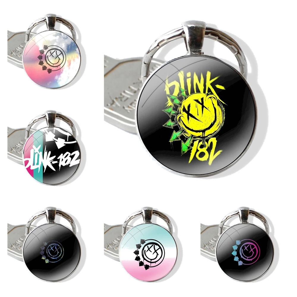 

Fashion Cartoon Design Creative Keychains Handmade Glass Cabochon Alloys Key Rings Pro Punk Rock Band Blink 182