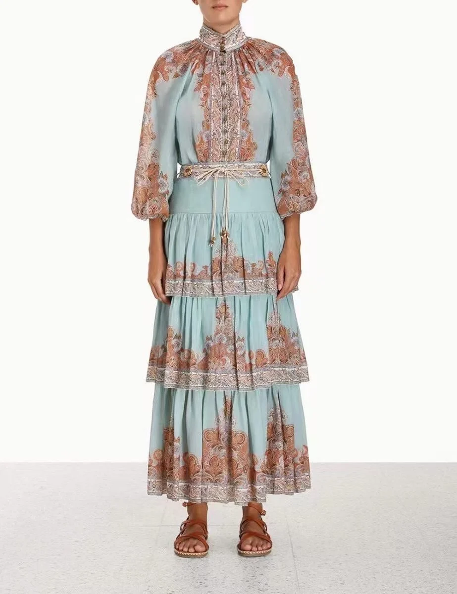 

Женский комплект из блузки и юбки, блузка с длинным рукавом и поясом с подсолнухом и юбка с каскадными оборками, 2023