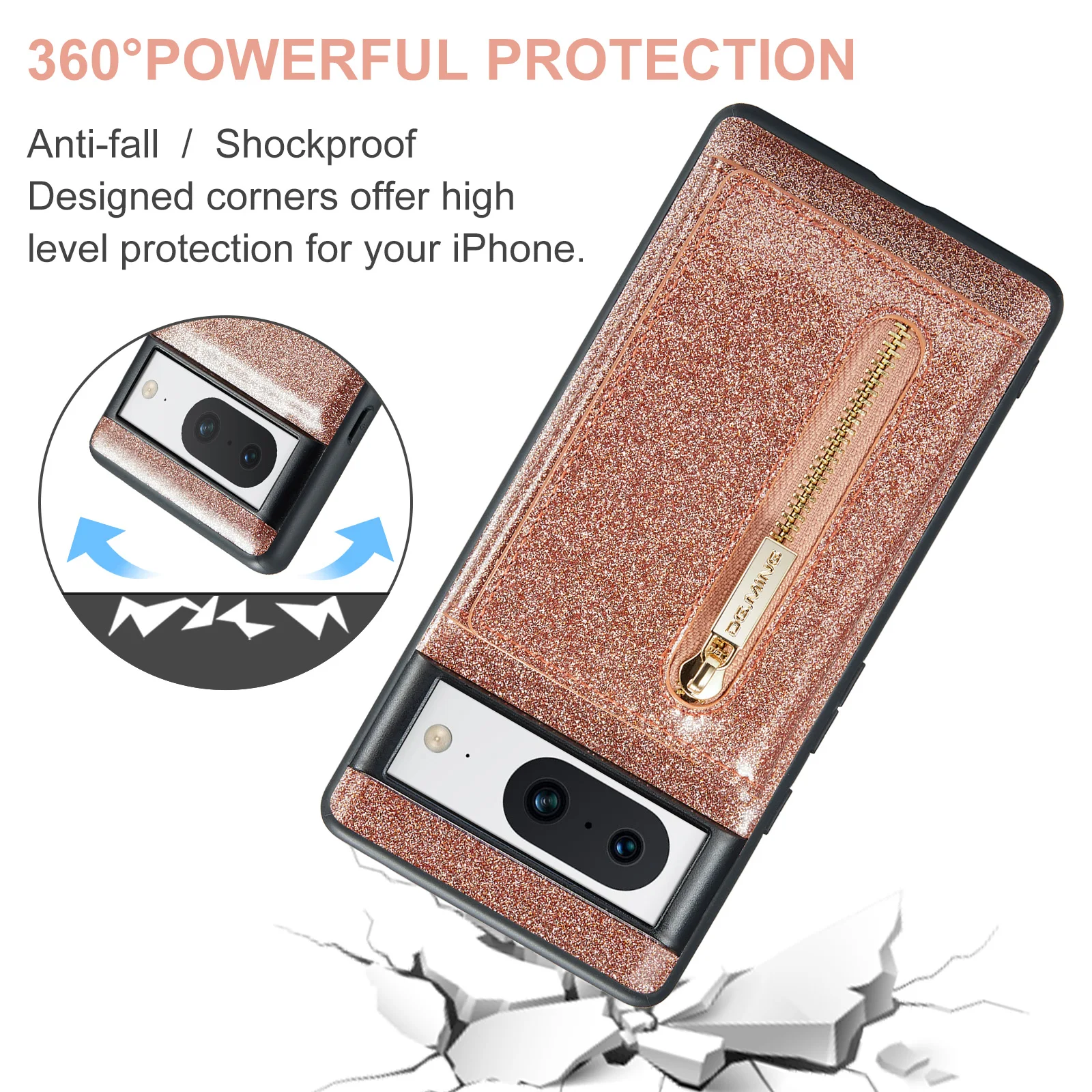 Glitter Zipper Card Pocket Magnetic Phone Case For Google Pixel 8 7 6 Pro 7A 6A Shockproof Stand Wallet Protective Leather Cover