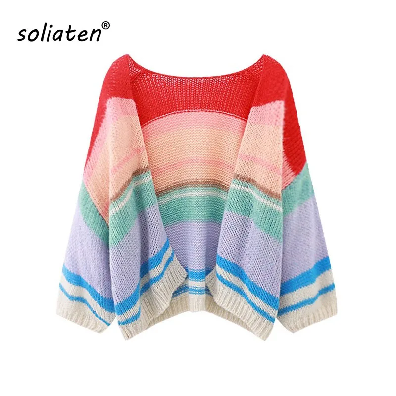 

Fall Winter 2023 Women Cardigan Oversize Girls Sweet Knitted Rainbow Striped Coat Sweater Tops C-268