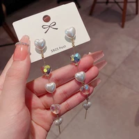 bling korean heart pearl long thread tassel drop earrings for women gold geometric fashion jewelry hanging pendientes