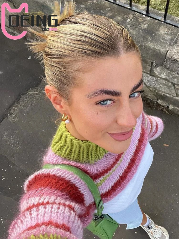 

OEING 2022 Y2k Pacthwork Turtleneck Smock Crop Tops Women Sweater Fashion Street Lantern Long Sleeve Pullover Autumn Winter
