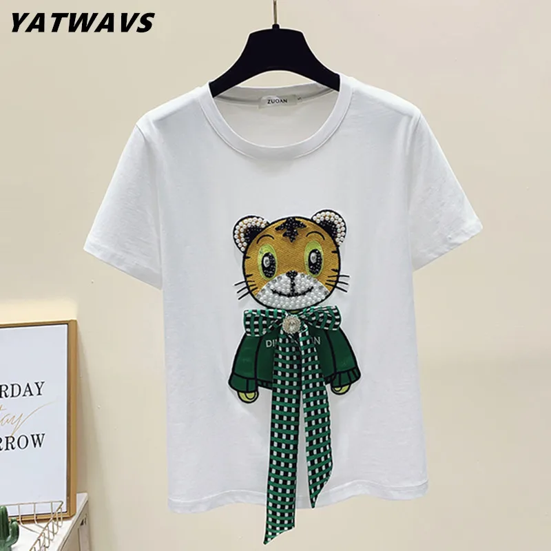 

High Quality Chic Little Tiger Beaded Bow Diamonds T-Shirt Women's Exquisite Summer Short Sleeve O-Neck Cotton Cartoon Top Tees