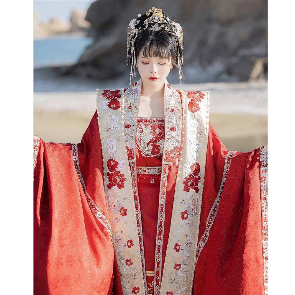 

TuQiQi Traditional Clothing of Song Dynasty Pearl Embroidery Silk Chinese Red Bride Wedding Ceremony Hanfu Camisole Dress Xiapi