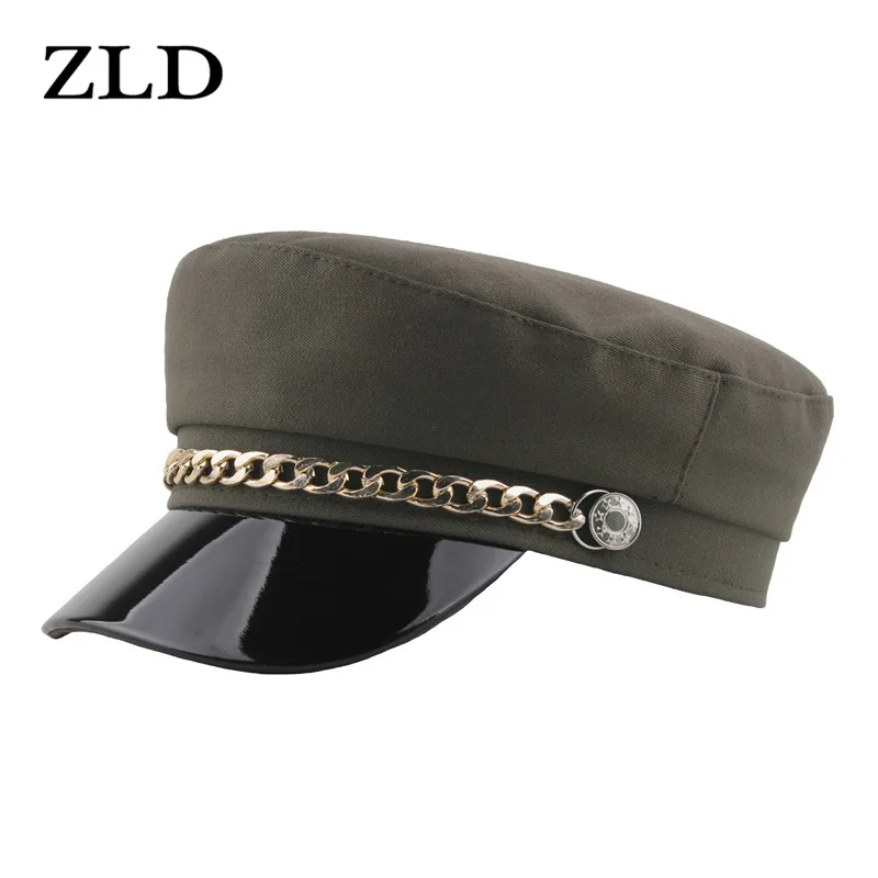 

ZLD Новинка весна-осень универсальная морская Военная Кепка с металлической цепочкой из искусственной кожи с черными полями британский стил...
