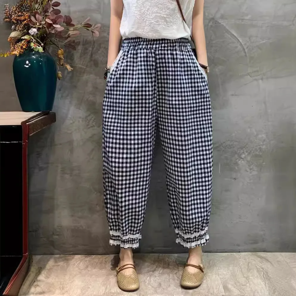 Летние хлопковые льняные шаровары в стиле ретро женские кружевные клетчатые