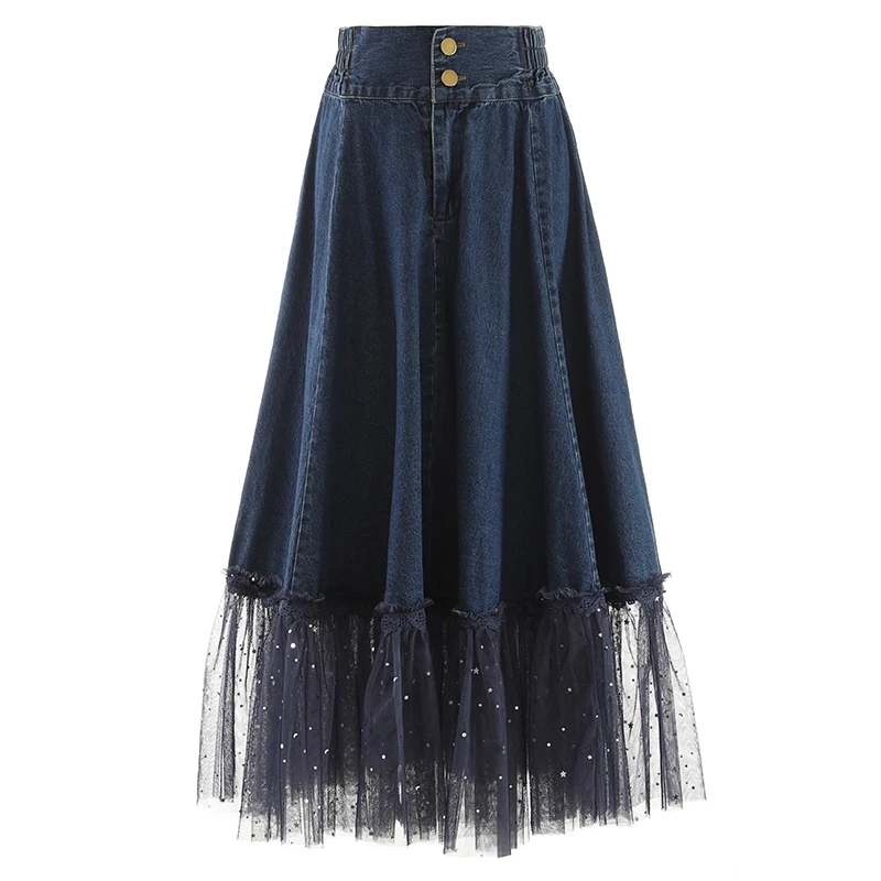 

PHOBE HZ Denim Skirt Autumn 2023 New Style Fashion High Street Sweet Patchwork Mesh A Line Elastic Waist Matching Midi Skirt