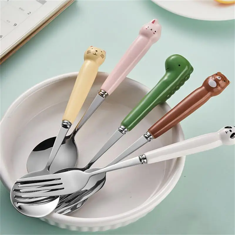 

Dinosaur Powder Rabbit Stainless Steel Fresh Sprouting Fork Spoon Cute Childrens Home Eating Spoon Porcelain Cartoon Fork Spoon