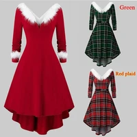 autumn and winter womens christmas long sleeved plush high and low deep v swing dress