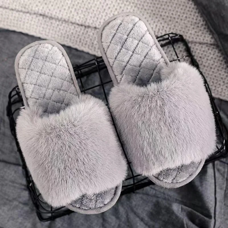 

2023 Women's Fluffy Fur Slippers Lady Autumn Winter Open Toe Home Warm Flock Shoes Candy Color Soft Furry Floor Flats Slides
