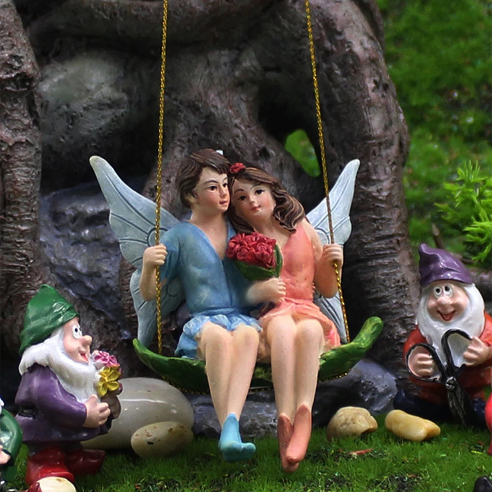 

Fairy Garden Resin Couple Figurines Miniature Fairies Swing Flower Sculpture Garden Micro Landscape Accessories Scene Decoration