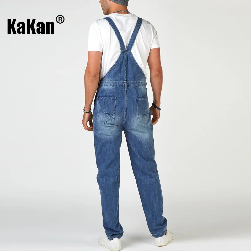 Kakan - New European and American Street Trendsetter with Torn Shoulder Strap Jeans, Dark Blue Men's Long Jeans K34-668