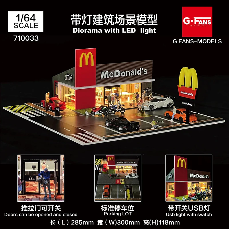 

G-FANS Assemble Diorama 1:64 USB LED Lighting M Fast Food Display Hall W/Packing Lot