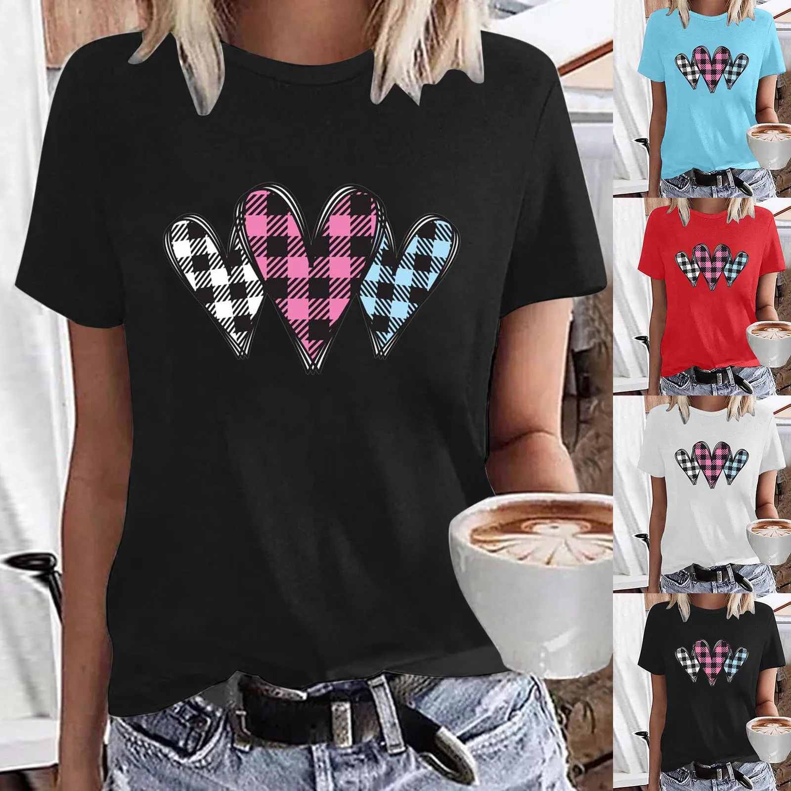 

Womens Fashion Valentine's Day Short Sleeve Crew Neck Top Tee Shirt Blouse Dry Fit Women Shirt