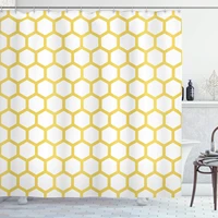 yellow and white shower curtain hexagonal pattern honeycomb beehive simplistic geometrical monochrome cloth fabric b