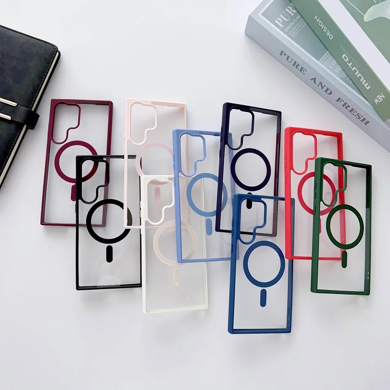 

Magnetic Wireless Charging Cover For Samsung Galaxy S22 PLUS S22 ULTRA S23 Matte Transparent Acrylic Soft Silicone Frame Cases