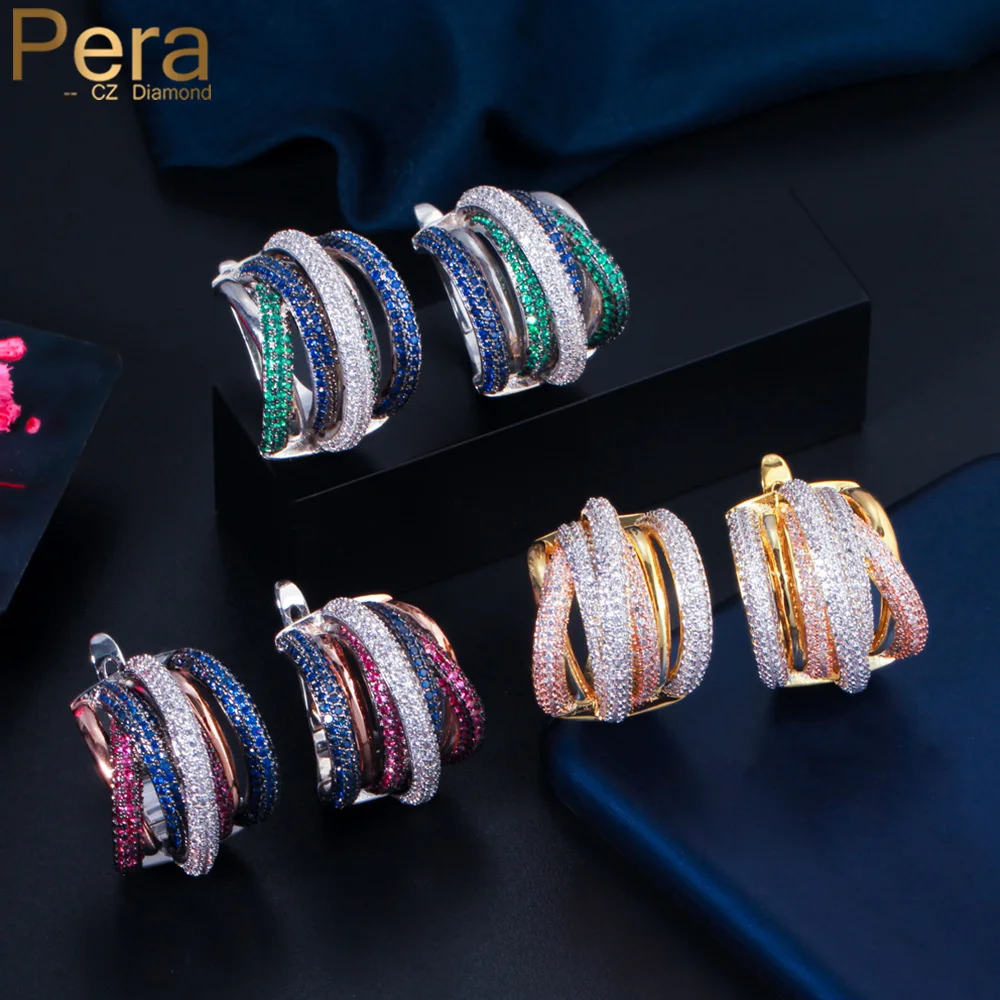 

Pera Luxury Designer Micro Full Colorful CZ Stone Paved Wedding Engagement Geometry Shape Hoop Clasp Earrings for Brides E730