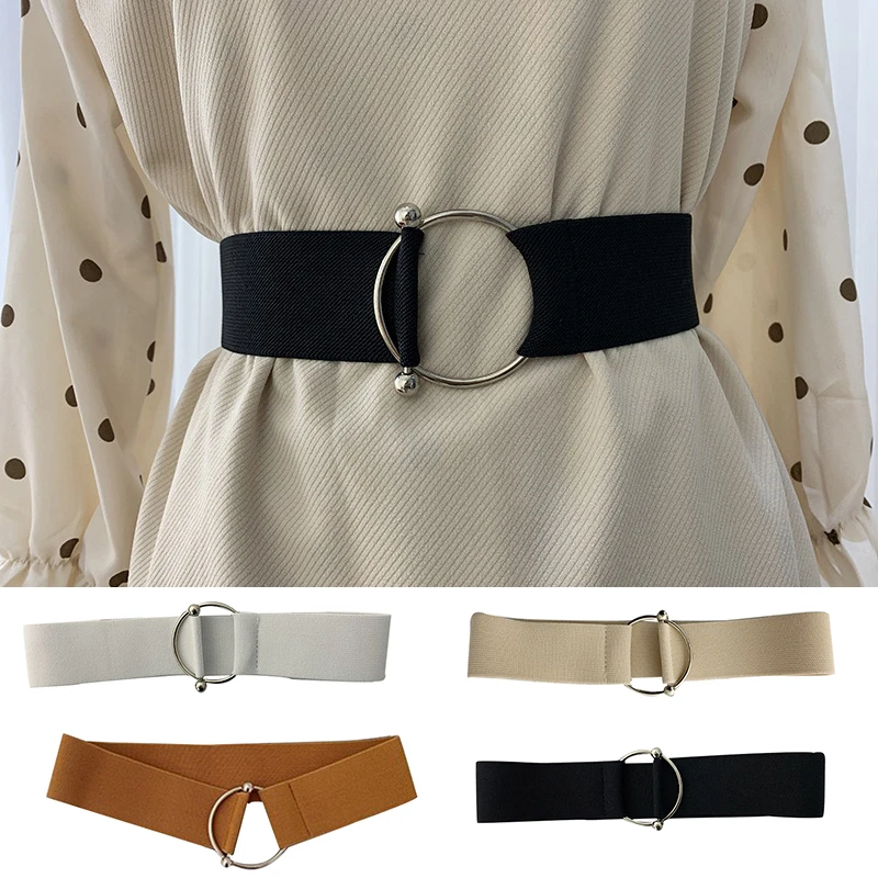 

Belts Women Black Simple Waist Elastic Ladies Band Round Buckle Decoration Coat Sweater Fashion Dress Rice White Belt Elasticity