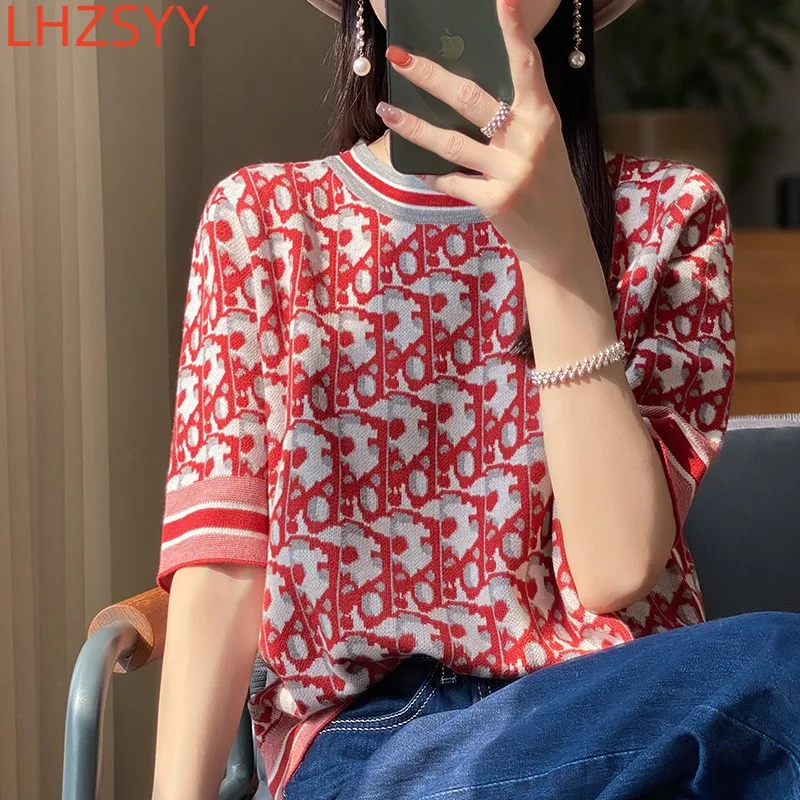 

LHZSYY Worsted Wool Short Sleeve T-Shirt Women 2023 Summer Thin Vest Jacquard Knit Pullovers Loose Round Neck Half Sleeve Tops