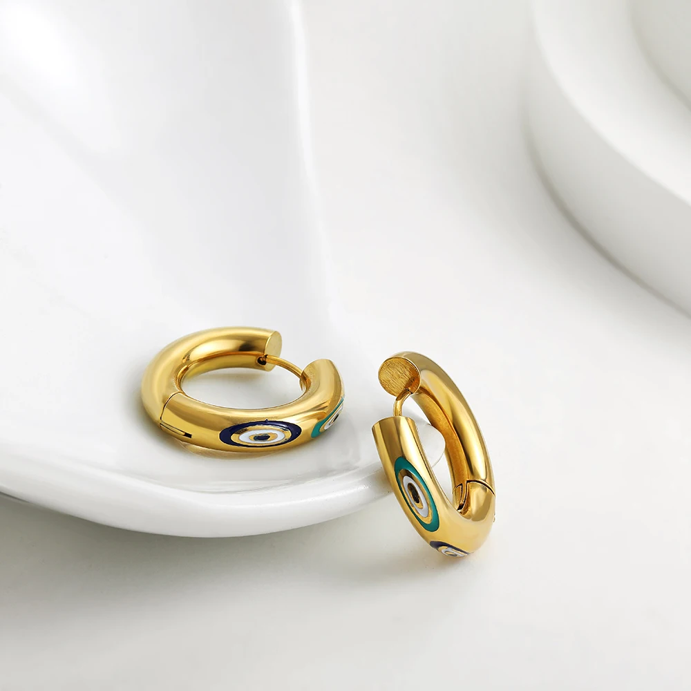 Minimalist Gold Color Round Circle Hoop Earrings for Women Enamel Evil Eye Huggies Ear Buckle Stainless Steel Jewelry