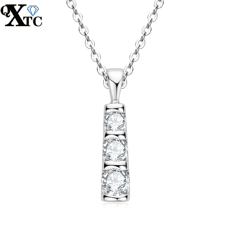 

QXTC 3 Stone Pendant Necklace 0.6ct Round Cut Moissanite Bar Necklaces 925 Sterling Silver Plated 14K Fine Jewelry for Women