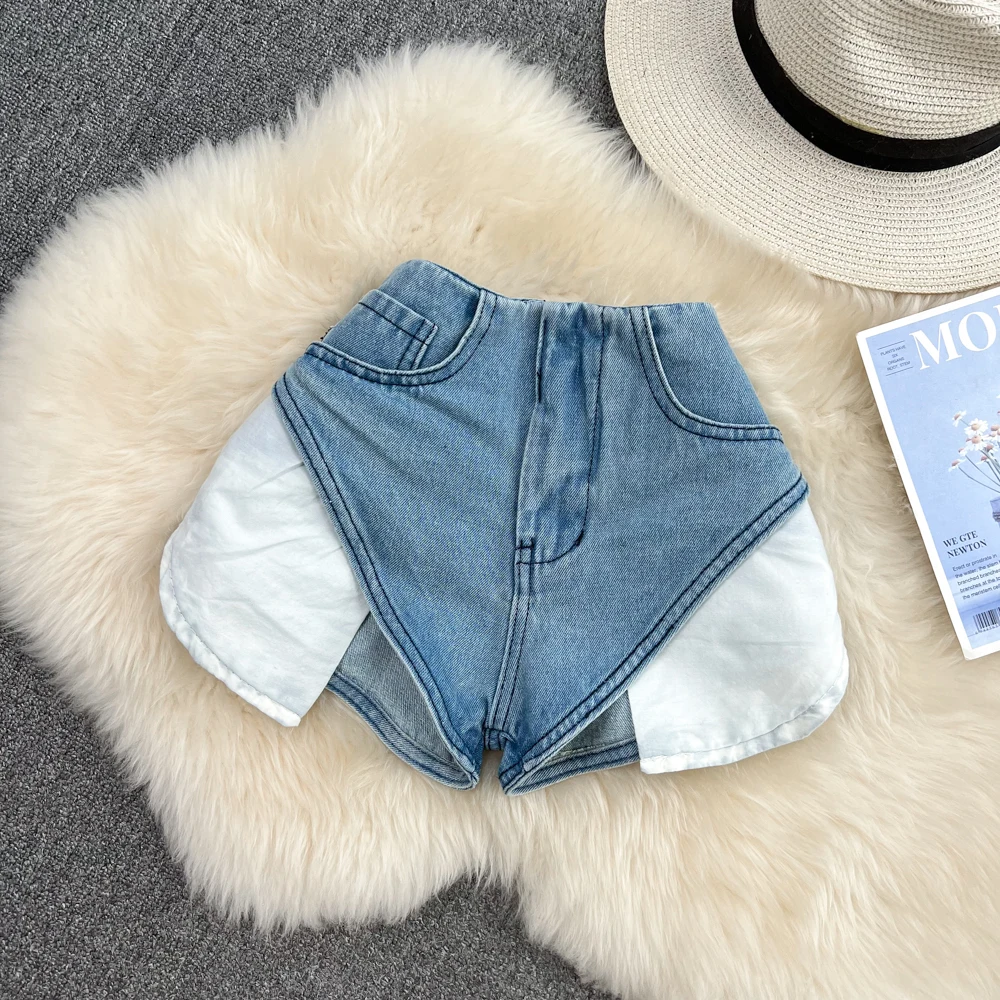 

Summer Oblique Pants Side Splicing Big Pockets Thin Hot Girl Sexy Wind Denim Shorts High Waist Ultra-short Wide Leg Hot Pants