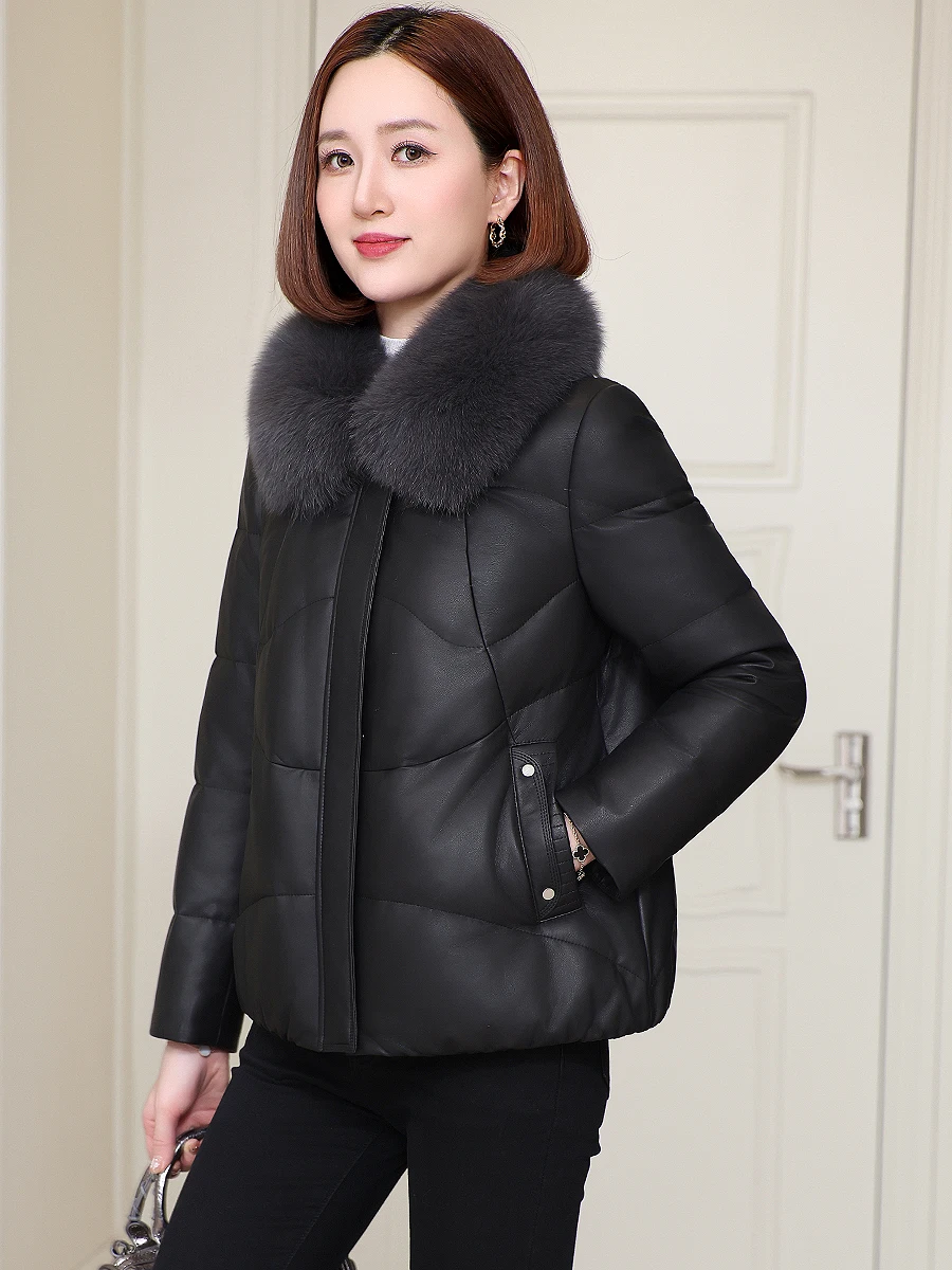 Женский пуховик из натуральной кожи новинка зимы 2024 модное пальто овечьей для