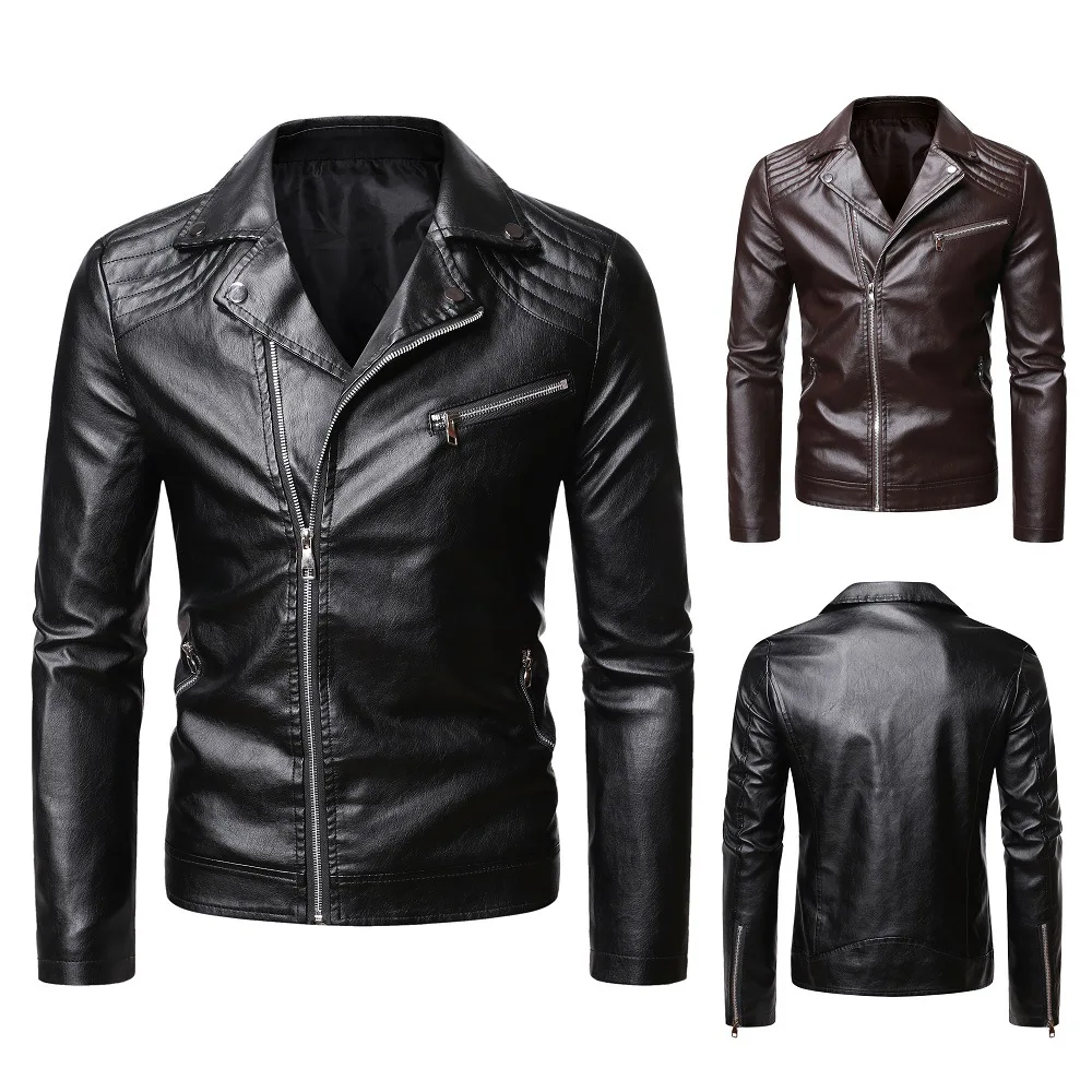 

Мужская плиссированная кожаная приталенная куртка с отворотами на молнии, повседневная верхняя одежда