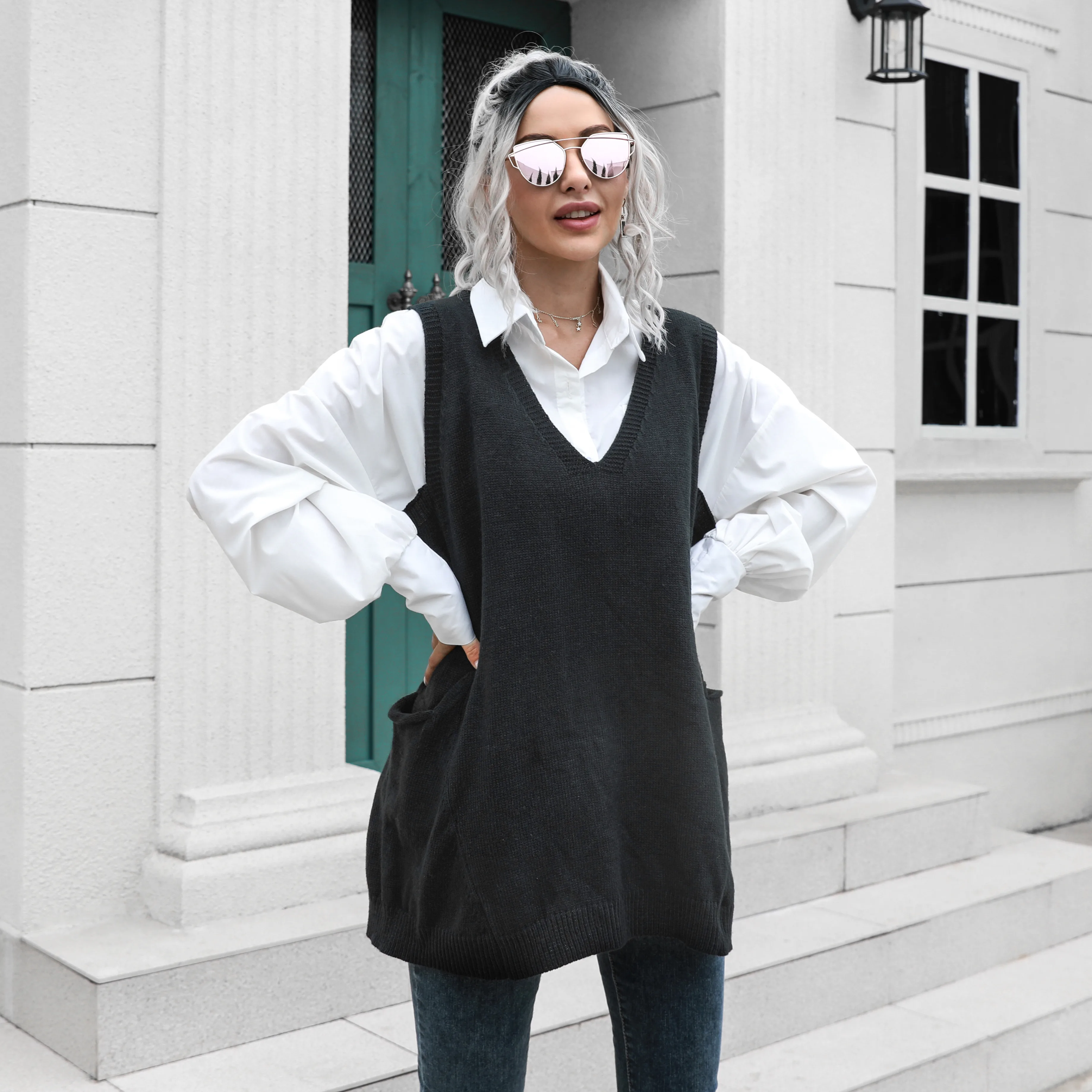 

2023 Fashion Mid Length Tank Top Sweater Women's Loose Pocket V-neck Vest Outwear Autumn and Winter New Chch