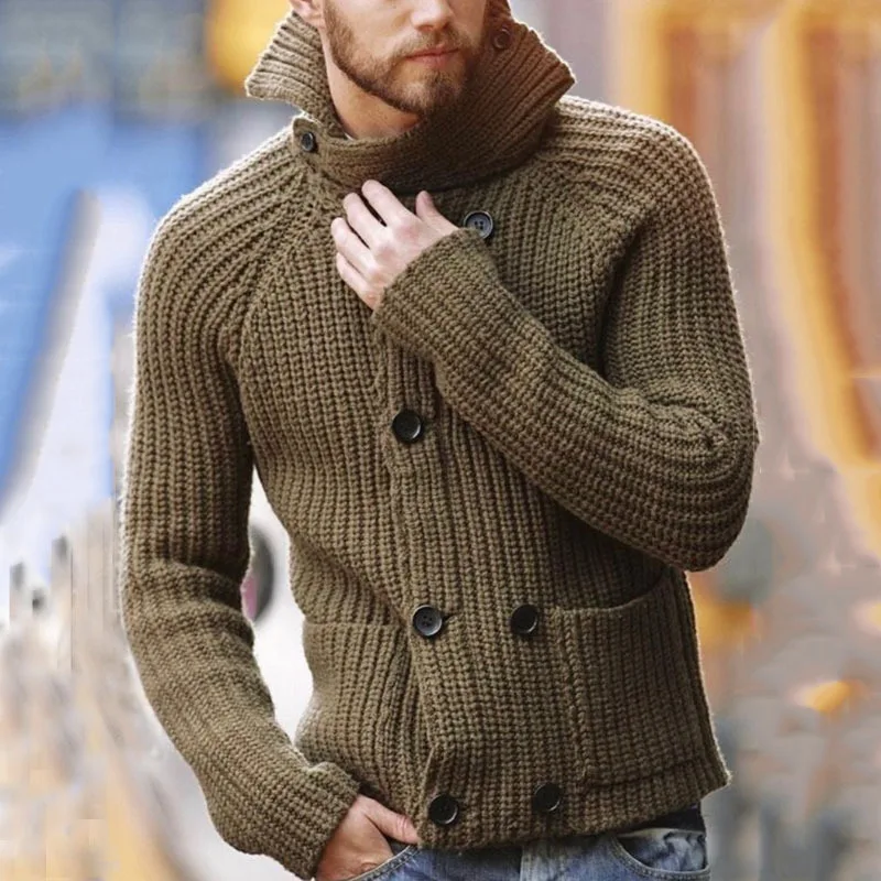 High Collar Knitwear Europe and America Men's Autumn and Winter New Men's Double Breasted Long Sleeve Sweater