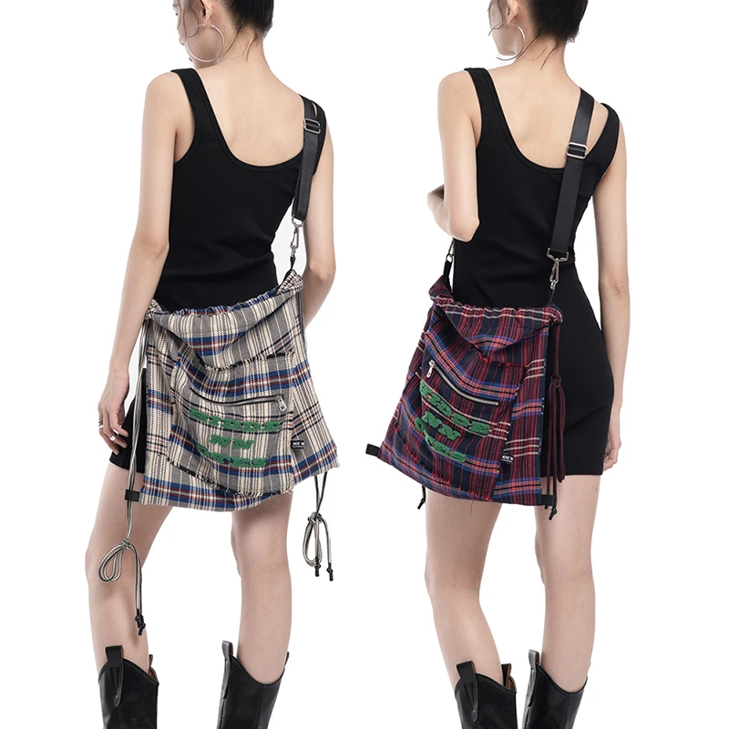 

College plaid travel backpack women drawstring shoulder bag hot girl street crossbody wandering bag new large capacity fashion