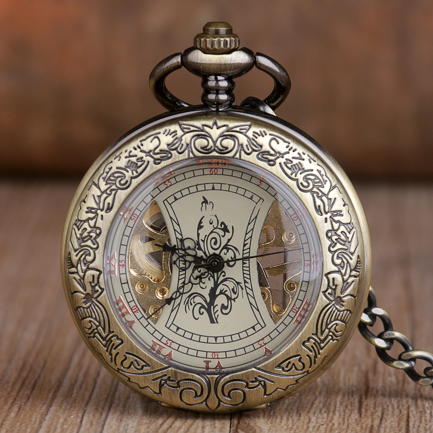 Vintage Mechanical Pattern Pocket Watch Roman Numeral Display Man Woman Necklace Pendant Clock Chain Best Gift