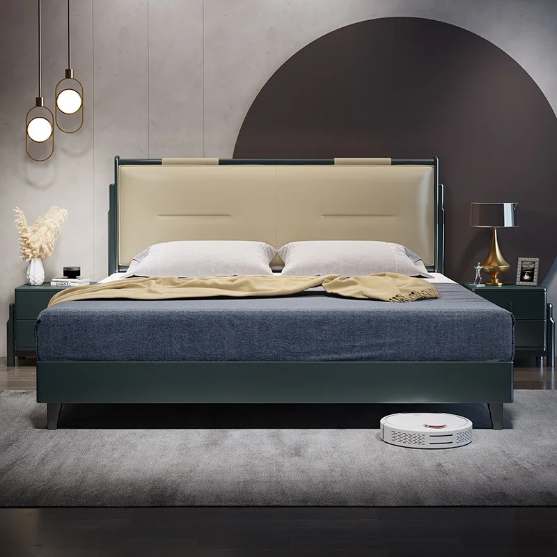 

Modern light luxury bedroom solid wood bed double 1.8m Nordic minimalist leather backrest 1.5m storage bed