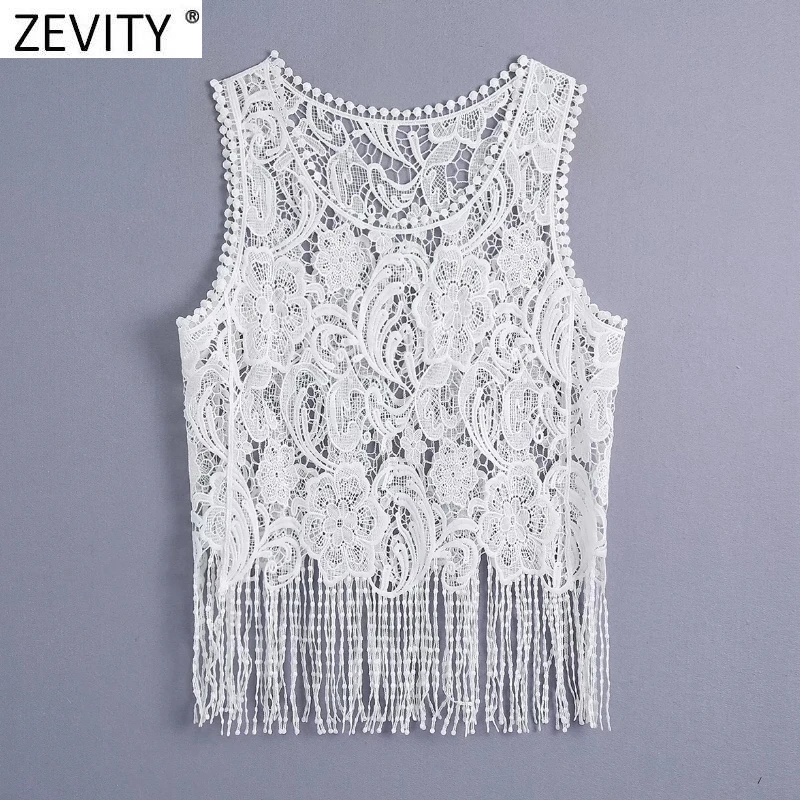 

Zevity New Women Sexy Lace Crochet Hollow Out Smock Blouse Ladies Chic Sleeveless Hem Tassel Shirt Casual Vest Tops LS10002