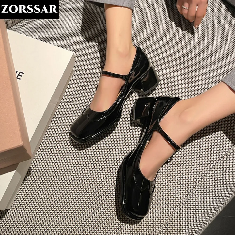 Високоякісні жіночі туфлі Мері Джейн Туфлі з квадратним носком Лакована шкіра