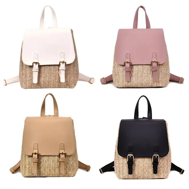 

Women Colorblock Summer Straw Backpack School Backpack Beach Bag