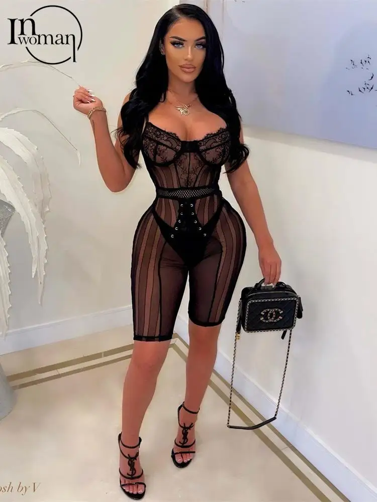 

Inwoman Summer Sexy Bodycon Jumpsuit Women 2022 See Through Mesh Sleeveless Rompers Womens Jumpsuit One Piece Outfit Women