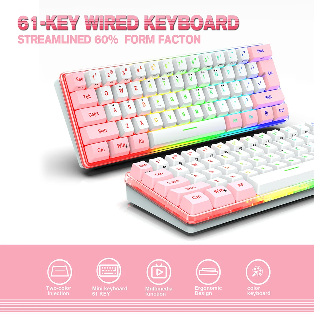 

Игровая клавиатура с RGB подсветкой, 61 клавиша, USB Type-C, со съемным кабелем