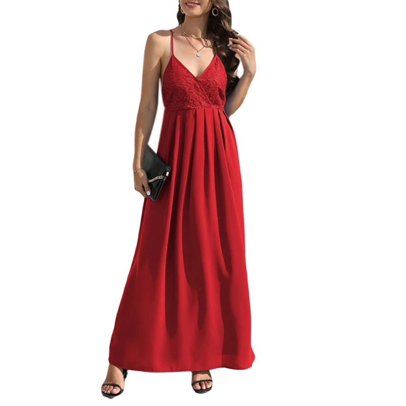 

Womens Summer Casual Lace Crisscross Spaghetti Strap High Waisted V Neck Long Maxi Dress for Cocktail Party Casual