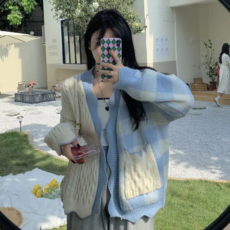 Асимметричный вязаный кардиган в стиле пэчворк Осень-зима 2024 женская одежда