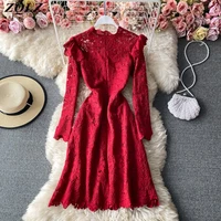 zqlz spring autumn vintage dress women 2022 long sleeve hollow out lace elegant party dress woman slim casual pink vestidos