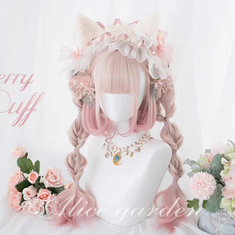 

Harajuku daily lolita wig cherry blossom puff double tiger mouth clip dyed wig female long hair short hair women girl sweet