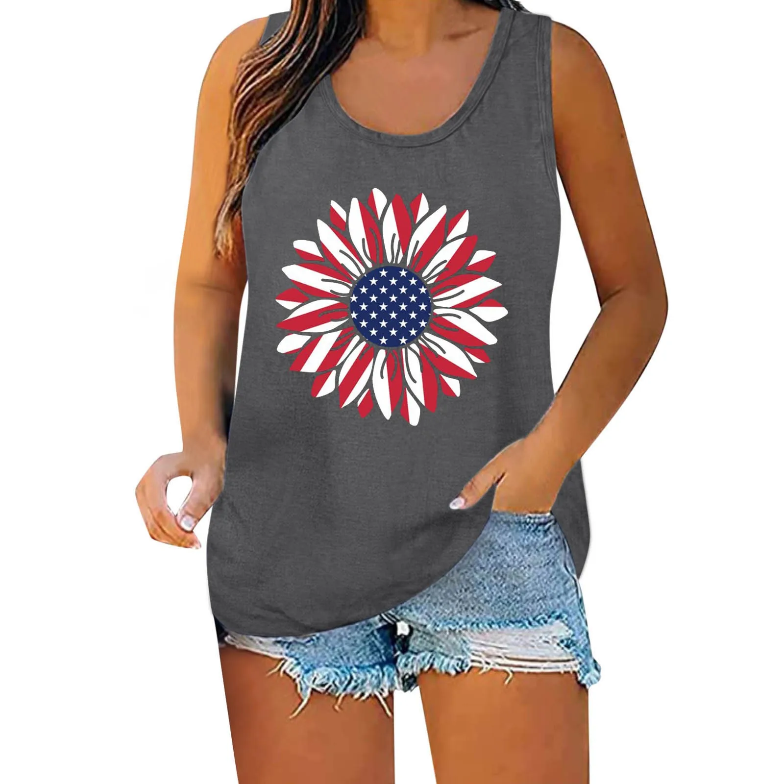 

Independence Day Sunflower Tank Top Women Sleeveless Graphic Camis Tanks Tops for Summer Casual Loose Camisole Tunics 2022