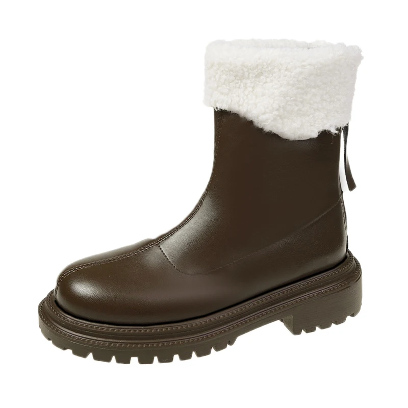 2022 New Ankle Boots for Women Thick Bottom Round Toe Leather Boots Winter Warm All-match Botas Feminina Platform Shoes