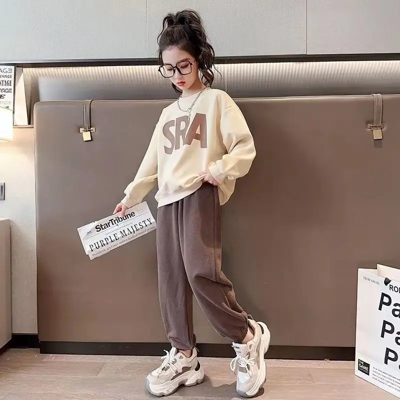 

Толстовка с капюшоном для девочек, комплект с длинным рукавом и свободные штаны, детская спортивная одежда, костюм для девочек-подростков на весну и осень, 2023