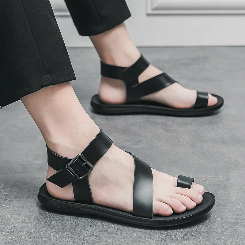 

New Mens Open-toed Summer Designer Luxury Platform Sandals Leather Male Classic Slippers Young Men Beach Rubber Shoes Flip Flops