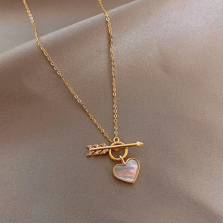 

Exquisite Gold Color Heart Filled Shell Pendant Necklace Cupid Arrow Women Girl's Chain Neck Lover Couple Jewelry Accessories