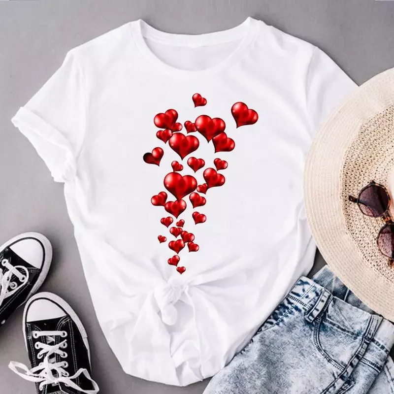 

y2k Women Love Letter Sweet 2022 Short Sleeve Clothes Print Tops Fashion Lady Tees Female O-neck Summer Tshirt Graphic T-Shirt
