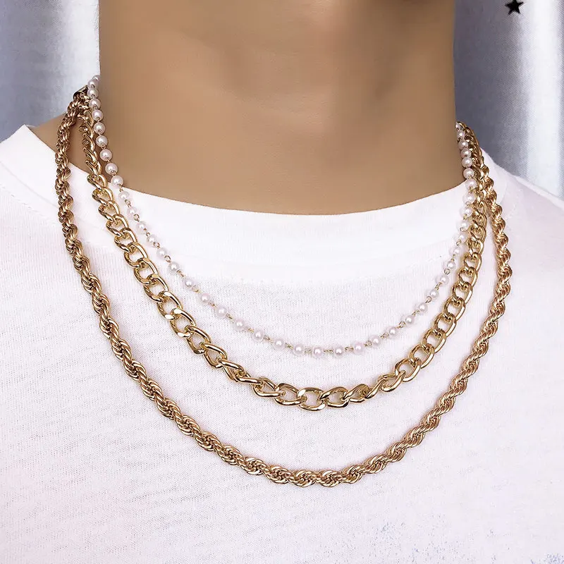 

New Punk Curb Link Chains Necklace for Women Men Beaded Pearls Chains Collar Necklace Hip Hop Party Minimalist Jewelry Wholesale